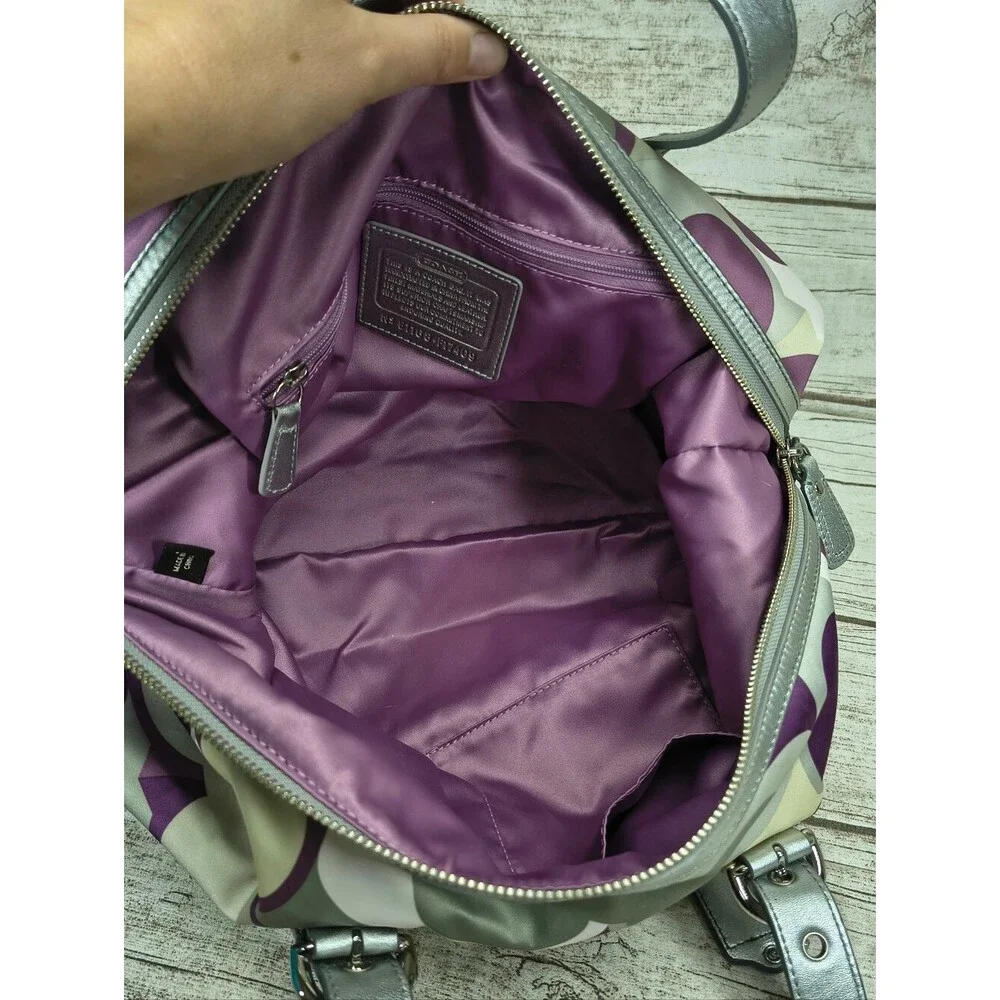 Coach Optic Convertible Scarf Print Carry All F17409 Purple Silver Taupe Sateen